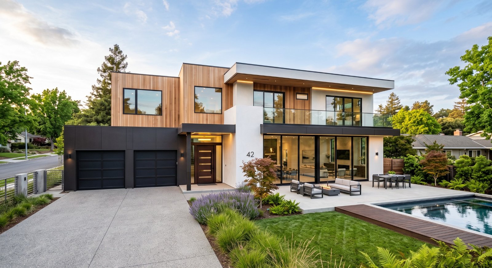 Modern two-story home with wood siding, glass balconies, and a pool
